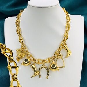 Chunky Equestrian Big Charms Chain Necklace Gold-tone Statement Runway Horseshoe
